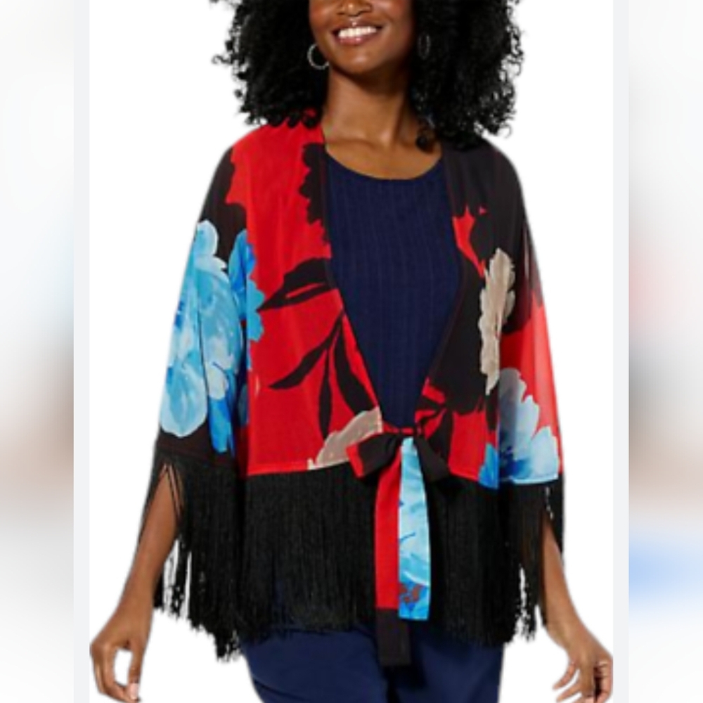 Iman Floral Kimono Top With Fringe Size Small